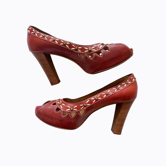 Vintage Kate Kuba Heels Sz 9/9.5 Italian Red Leather Open Toe Western Boho Y2K - Picture 4 of 11